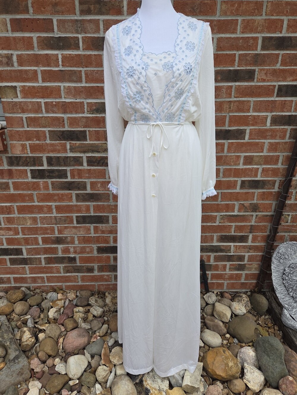 Vintage Sears 70s Ivory Blue Eyelet Lace Maxi Nightgown & Robe Set Medium 36